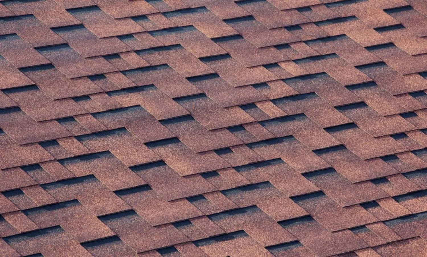 Close-up of reddish-brown architectural asphalt shingles on a roof